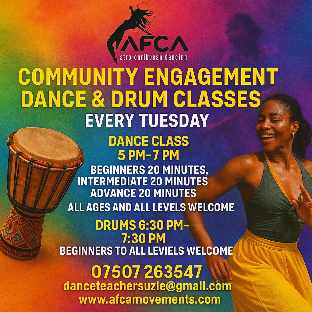 Community engagement dance and drum classes flyer